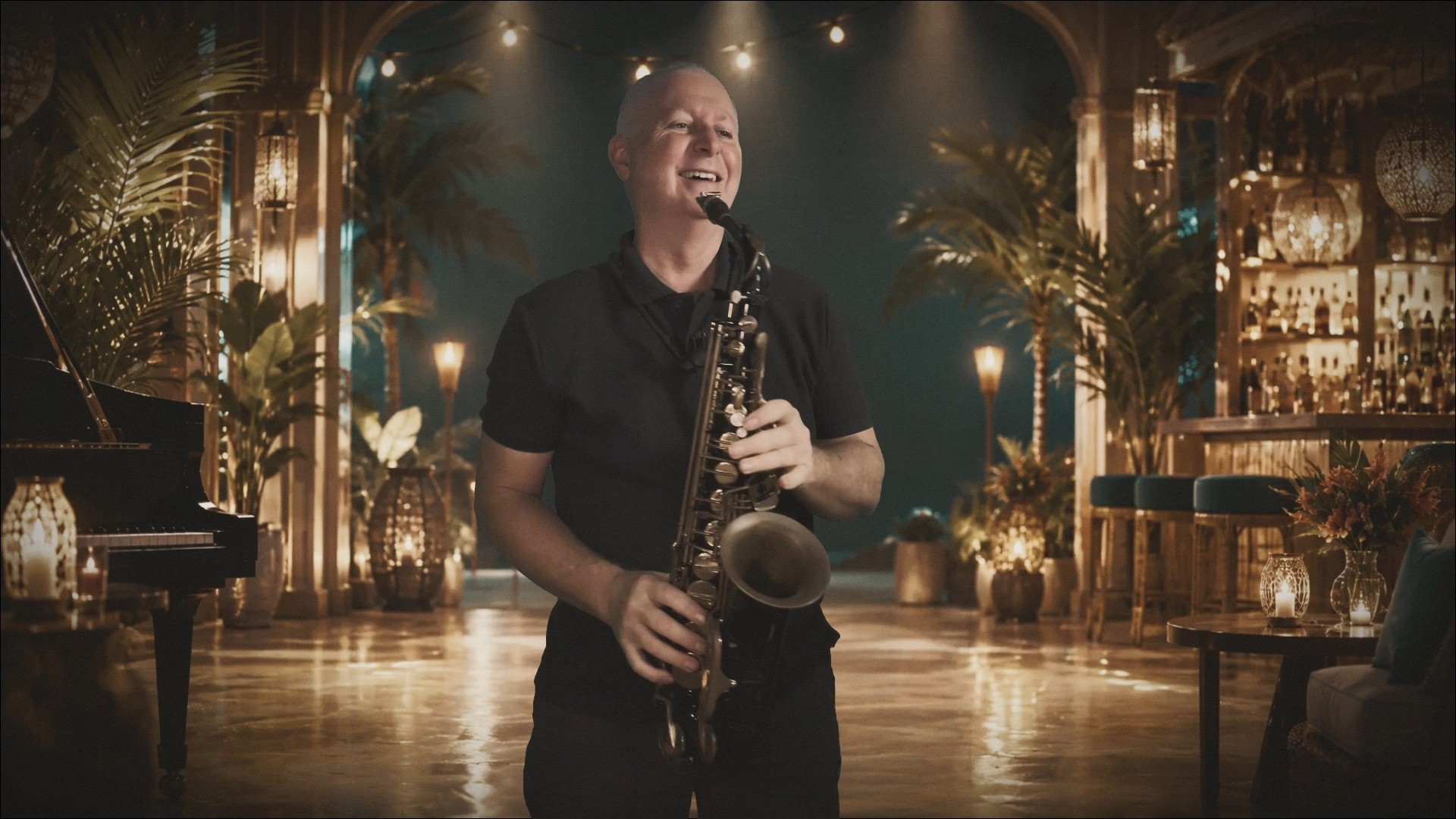 Andy smiling while holding an alto saxophone in a warmly lit lounge, with a piano, palms and bar in the background.