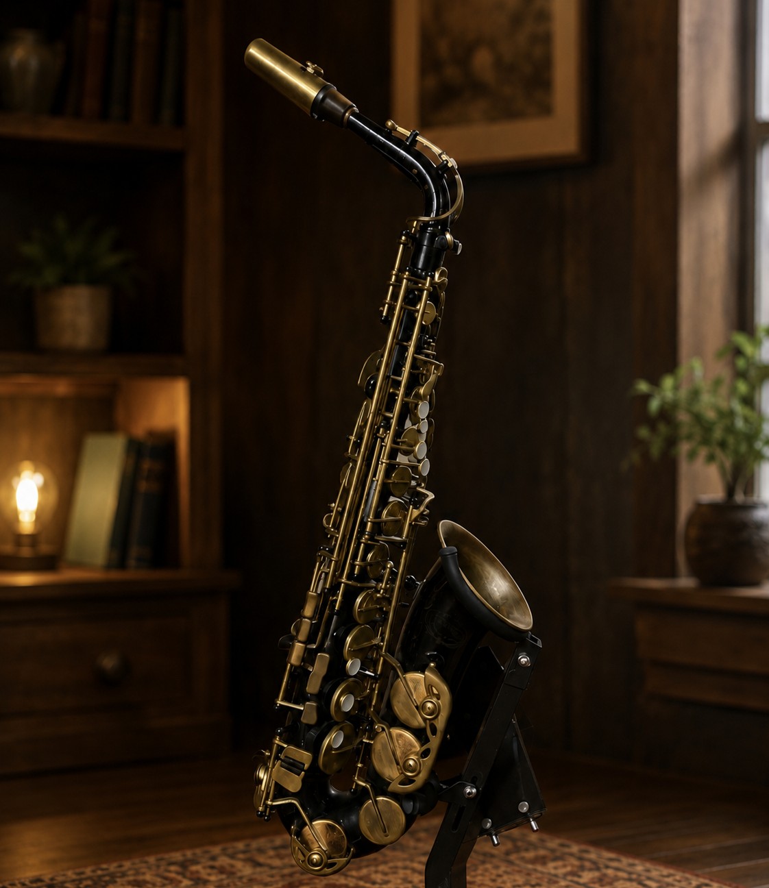 A black-and-brass saxophone in a warm studio setting.