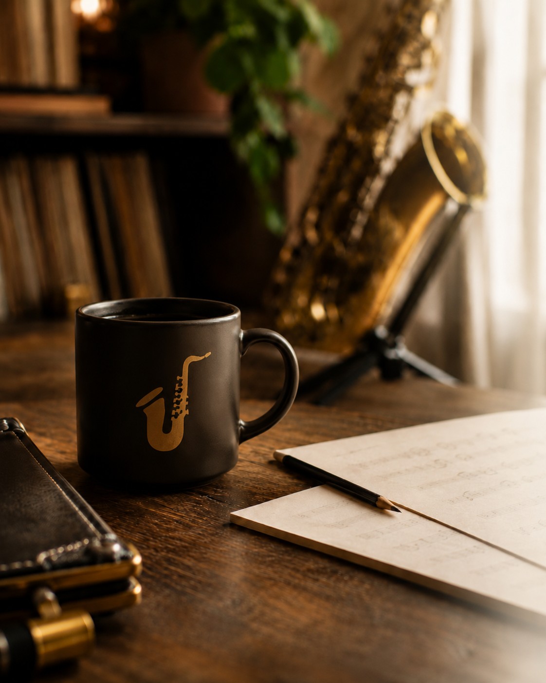 A black mug with a gold saxophone beside sheet music in a warm music studio.