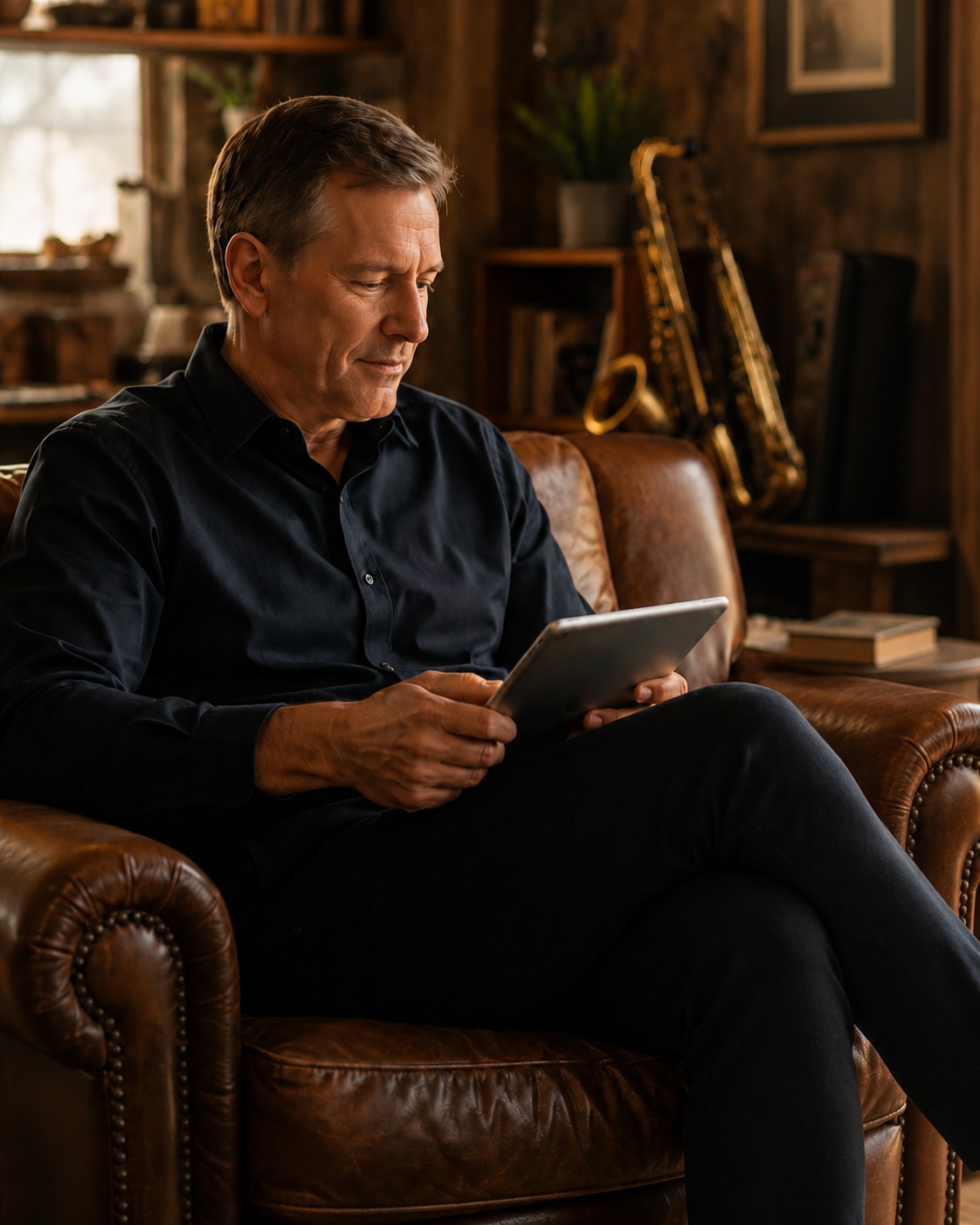 Andy sitting in a leather armchair using a tablet in his warm music studio.
